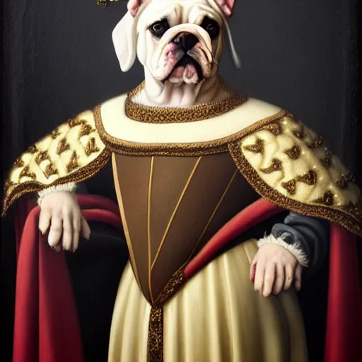 Image similar to a renaissance style portrait painting of a mostly white bulldog, wearing a crown and cape, dark background. trending on artstation.