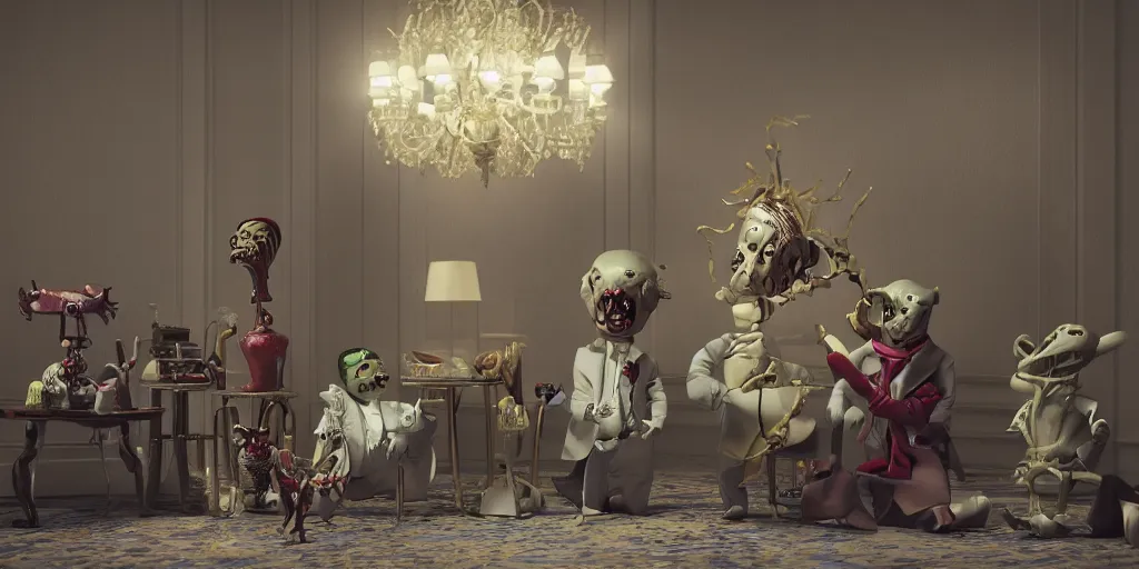 Prompt: a photo of a surreal horror toys dressed in fancy clothes in a luxurious hotel, ultrarealistic, filmic, cinematic, octane render