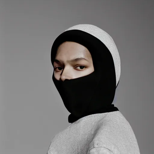 Image similar to realistic photoshooting for a new balenciaga lookbook, color film photography, portrait of a beautiful woman, model is wearing a balaclava mask, in style of tyler mitchell, 3 5 mm,