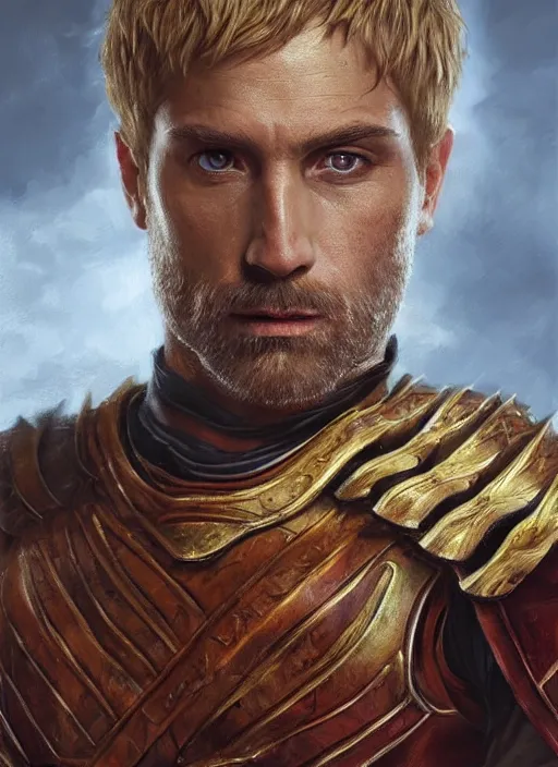 Image similar to highly detailed oil painting, masterpiece portrait warrior guard male lannister, fantasy character portrait, dynamic pose, above view, top lighting, realistic shaded, perfect face, 8 k realistic, hyper detailed, digital painting, artstation, concept art, hyper detailed eyes, cinematic lighting, dynamic pose, above view, perfect eyes