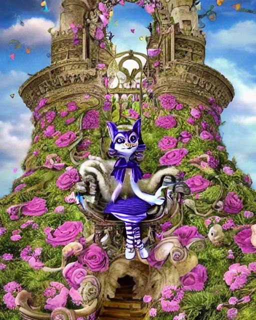 Image similar to 'cheshire cat' from 'alice in wonderland' as elden lord, sitting on throne, background is ornate castle in rococo style, beautiful architecture, falling hearts, flowers