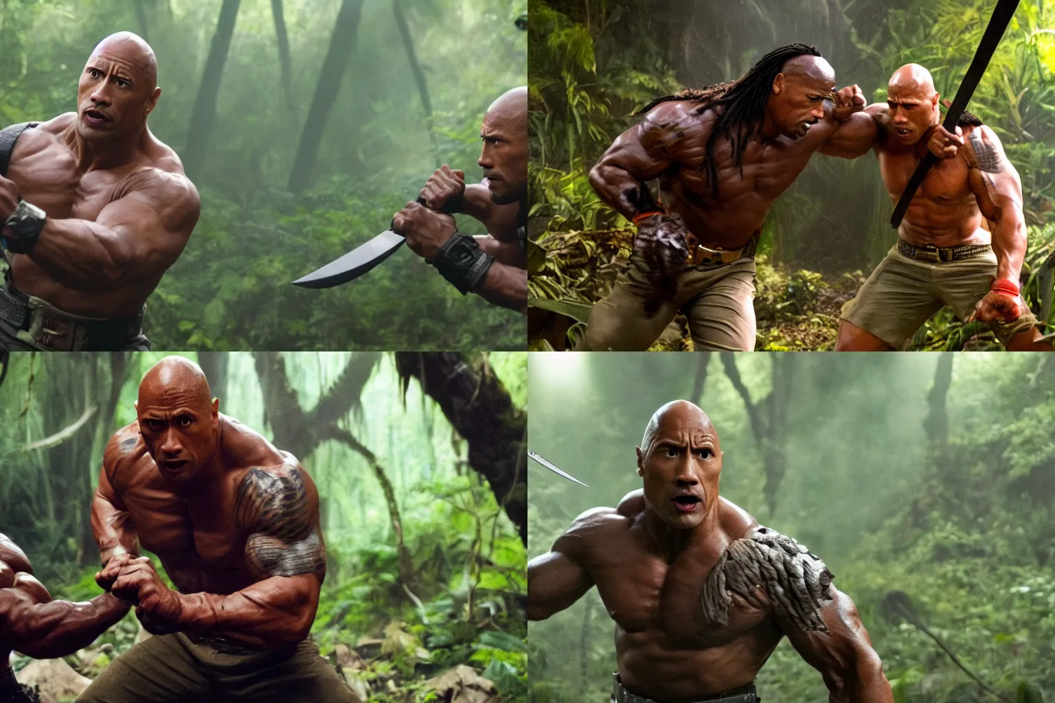 Prompt: dwayne the rock johnson fighting the predator in the jungle with a knife, film still, dramatic lighting, 4k,