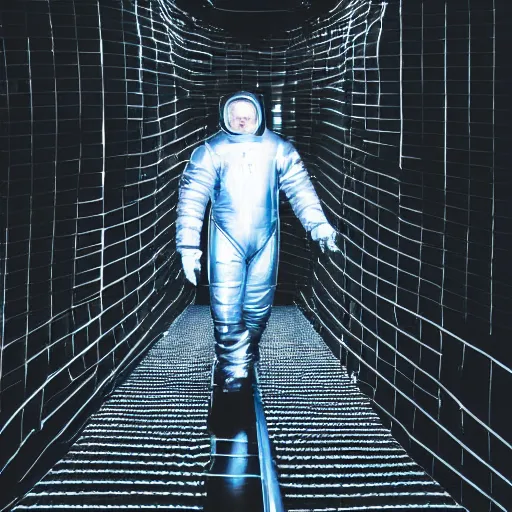 Prompt: mysterious man in silver space suit, walking on a small zig - zagging steel catwalk, floating in the darkness of space, with a black background, photograph, wide angle, long shot