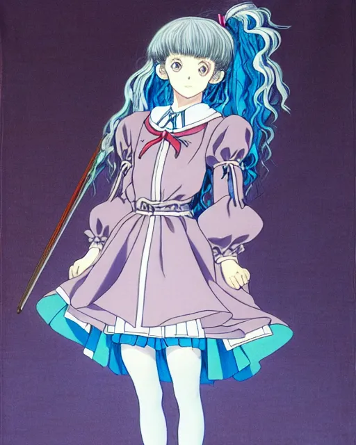 Prompt: late renaissance magical academy girl school uniform, pale cyan and grey fabric, painting by studio ghibli, ayami kojima, kentaro miura, takehiko inoue