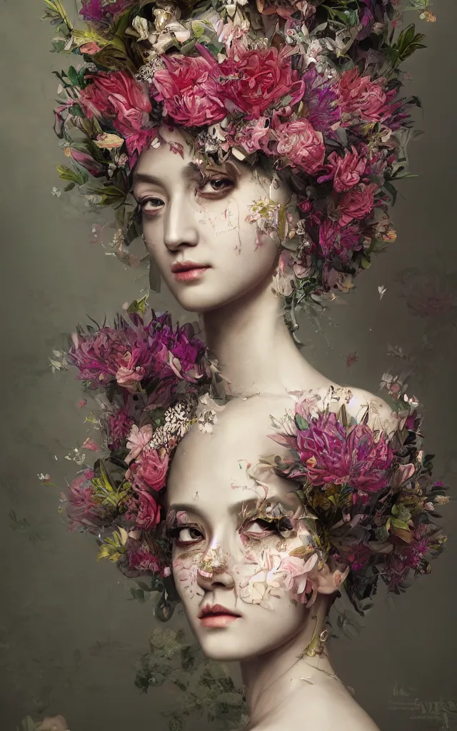 Image similar to an empress portrait, with a brilliant impossible striking big flower headpiece, clothes made entirely out of flowers, rococo, baroque, vogue, rim light, asian, epic art, realistic, wlop style, insane detail, octane render, 8k, fantasy, diva