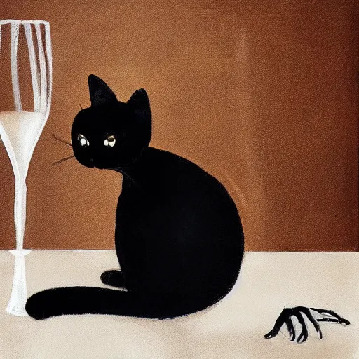 Prompt: a portrait of a black cat drinking expensive champagne in a fancy dark bar