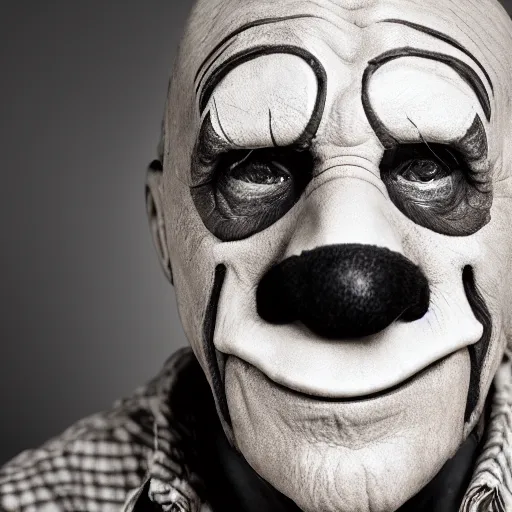 Image similar to an very old clown with a big nose of an alcoholic, fierce look, studio photograph, soft lighting