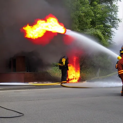 Image similar to Firefighters shooting firehose shaped flamethrower on to a building