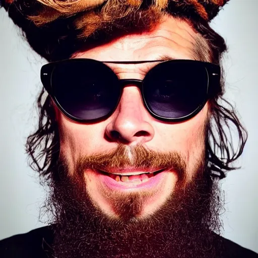 Prompt: photo of 3 9 - year - old french bearded long - haired yoga punk singer wearing wraparound sunglasses. he also works as a commercial model and actor. looks like brad pitt. performing absurd standup comedy like monty python