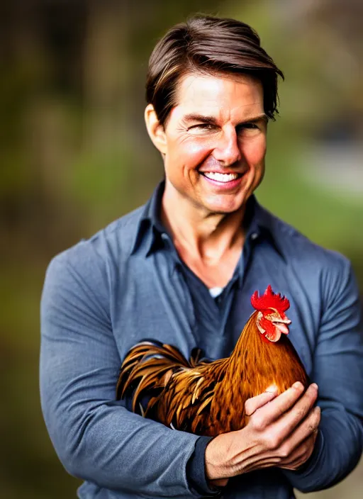 Image similar to a professional photo of tom cruise holding a rooster, f / 1. 4, 9 0 mm