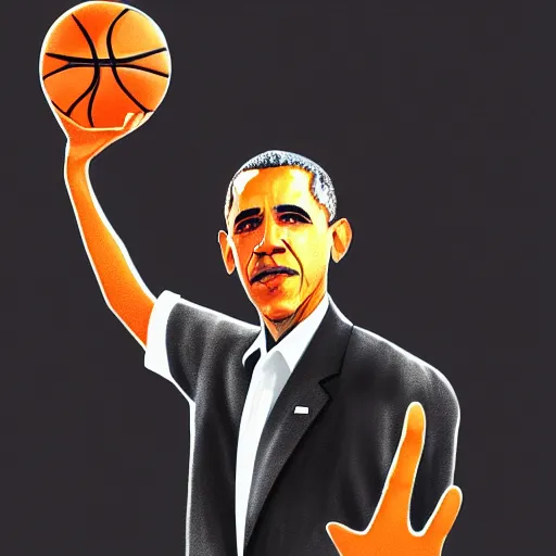 Prompt: Obama holding a basketball in his right hand in a black background, detail, 8k, digital painting, official media, illustration