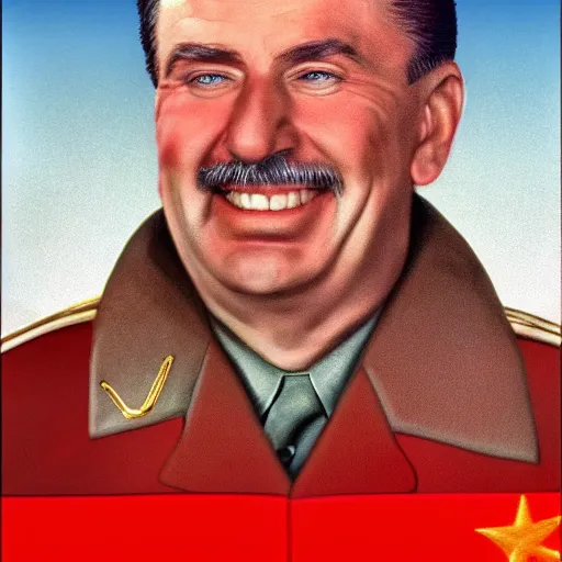 Image similar to hyper realist photograph of staline smiling with the ussr flag behind him, close up, face picture, 4 k, very detailed