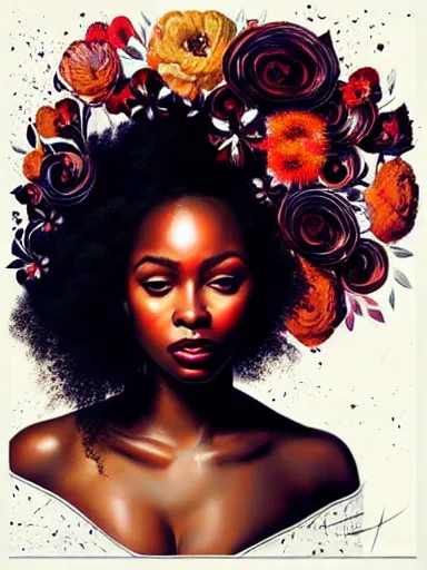 Image similar to portrait of a gorgeous black woman with a floral background : : painted by artgerm, karol bak, artur bordalo, sandra chevrier : : portrait, character, illustration, hyperrealism, photorealism