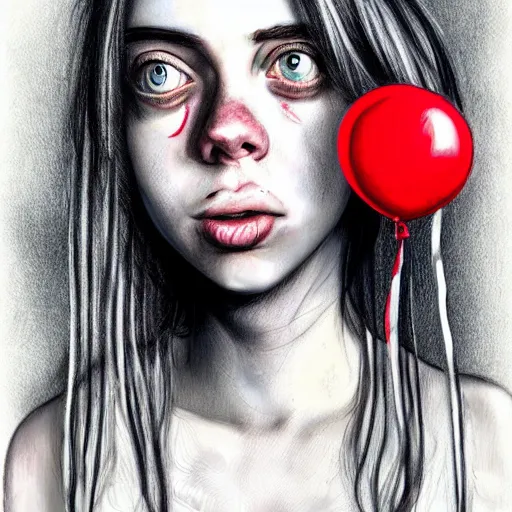 Prompt: surrealism grunge cartoon portrait sketch of billie eilish with a wide smile and a red balloon by - michael karcz, loony toons style, family guy style style, horror theme, detailed, elegant, intricate