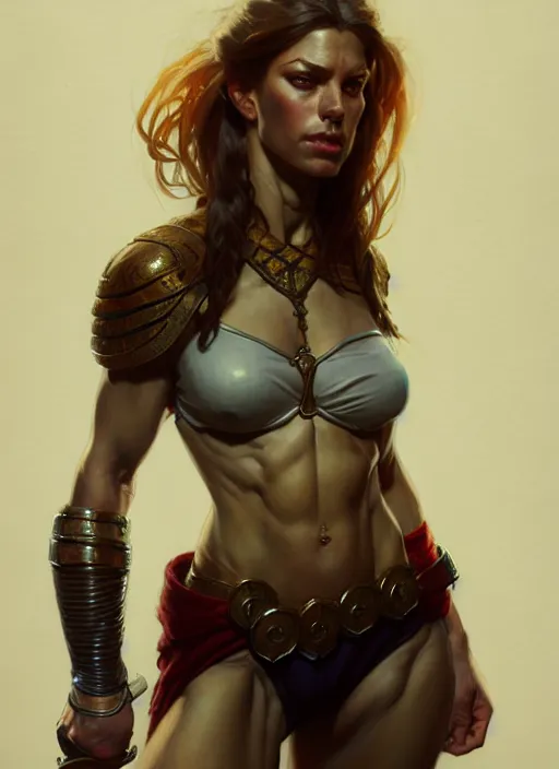 Prompt: portrait of a full body beautiful female cpace captian, d & d, fantasy, flat lighting, intricate, muscular, highly detailed, digital painting, artstation, concept art, smooth, sharp focus, illustration, art by simon bisley and greg rutkowski and alphonse mucha, natural tpose