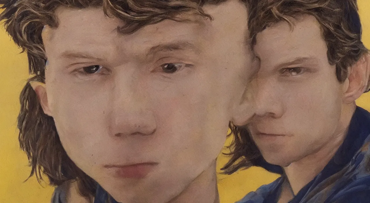 Prompt: Tom Holland at the picture - his portrait, but half face is a golden Venom. material acrile , high detail