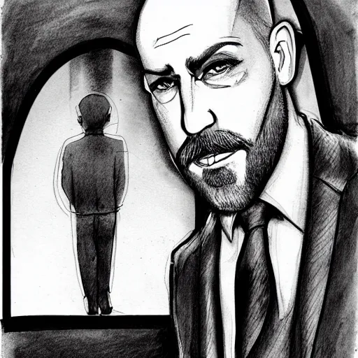 Prompt: a bald bearded burly man in a tuxedo, character portrait, ink drawing, black and white, concept art by tim bradstreet