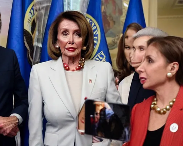 Prompt: nancy pelosi looks at natalya poklonskaya, nancy and natalya are in the bishkek center