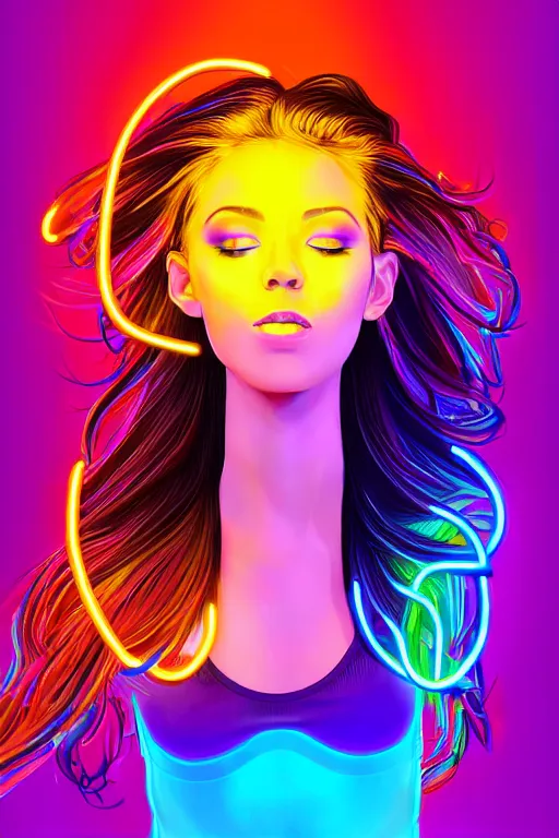 Image similar to a award winning half body portrait of a beautiful woman with stunning eyes in a croptop and cargo pants with rainbow colored ombre hairstyle head in motion and hair flying by thomas danthony, surrounded by whirling illuminated neon lines, outrun, vaporware, shaded flat illustration, digital art, trending on artstation, highly detailed, fine detail, intricate