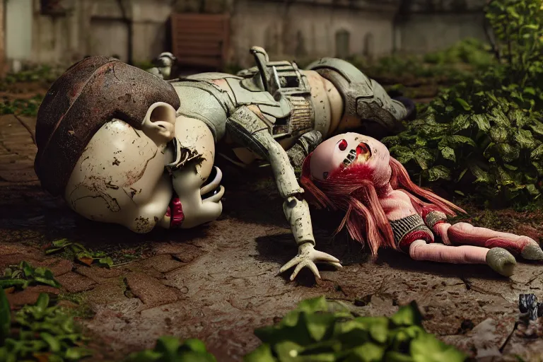 Prompt: Broken ugly toy doll lying on old courtyard with mud and an old playground between two soviet five-storey overgrown with ivy panel houses, high details, cinematic, 8k resolution, beautiful detailed, insanely intricate details, artstation trending, rule of third, octane render, unreal engine