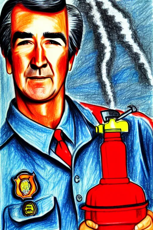 Image similar to a drawing of randy mantooth clean shaven, as a fire fighter by a child, bright colours, detailed