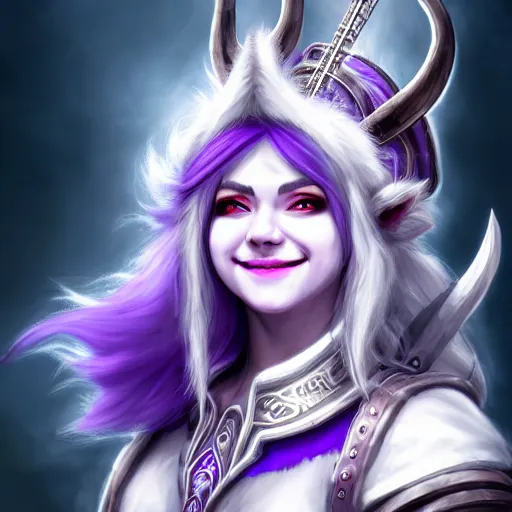 Prompt: A Bard with white horns and purple skin, smiling, epic fantasy game portrait, hyper detailed, hyper realistic