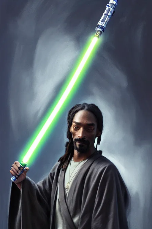 Image similar to breathtaking detailed concept art painting of a jedi snoop dogg holding a lightsaber, by hsiao - ron cheng, exquisite detail, extremely moody lighting, 8 k