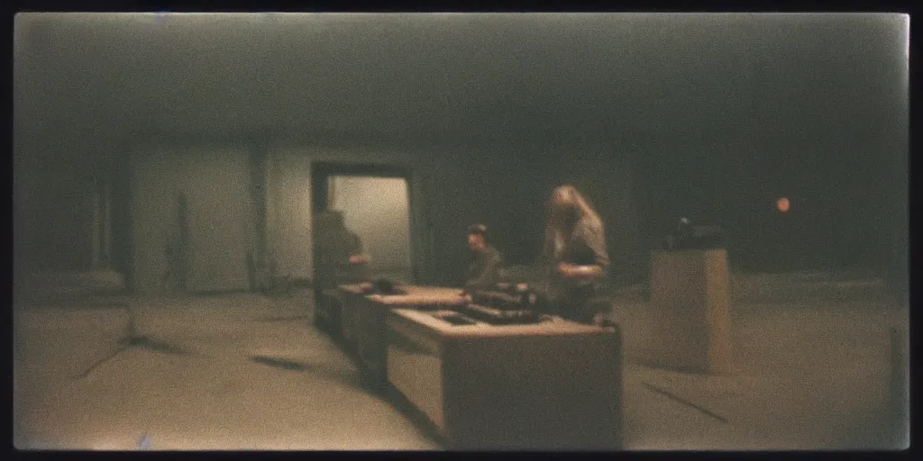 Image similar to detailed medium format photo, polaroid still from tarkovsky movie, aphex twin with his synthesizers, haze, high production value, intricate details, 8 k resolution, hyperrealistic, hdr, photorealistic, high definition, tehnicolor, award - winning photography, masterpiece, amazing colors