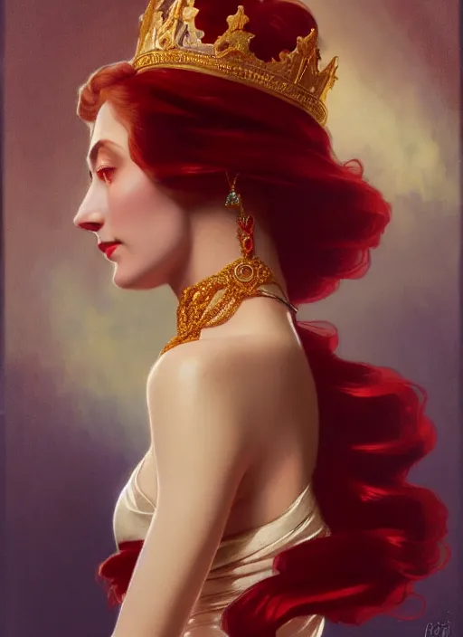 Prompt: ombre velvet gown, face by leyendecker, lovely queen, portrait, long red hair, small crown, dozens of jeweled necklaces, feral languid woman, by greg rutkowski, anato finnstark, alphonse mucha, global illumination, radiant light