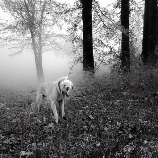 Image similar to yellow dog man scary monster pointy rusty trailcam footage, liminal, black and white, uncanny valley, foggy, creepypasta, scary nightmare fuel