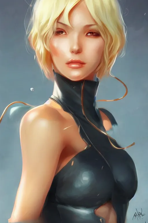 Image similar to nami, beautiful girl short black hair, blonde hair tips, digital art from artstation by artgerm, hd, 4 k