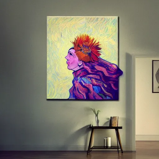 Image similar to giant flower head, woman in a luxury apartment, surreal, dramatic light, impressionist painting, digital painting, artstation, van gogh