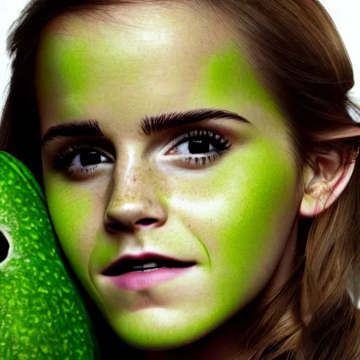 Image similar to photograph of emma watson with green avocado skin, anthropomorphic, photoshop