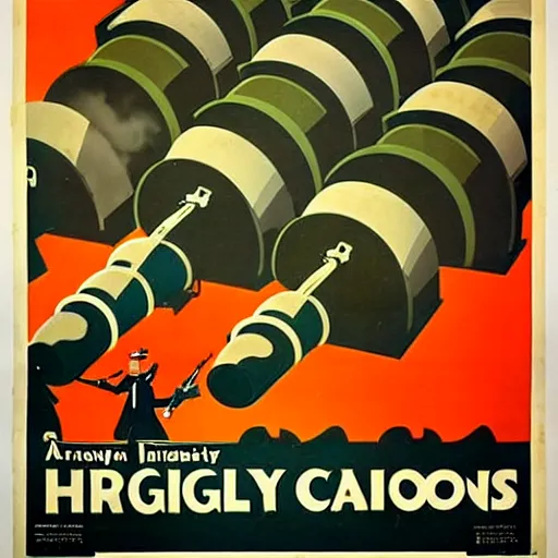 Prompt: propaganda poster featuring an extremely large number of artillery cannons, artillery, guns, limited palette, ww 1