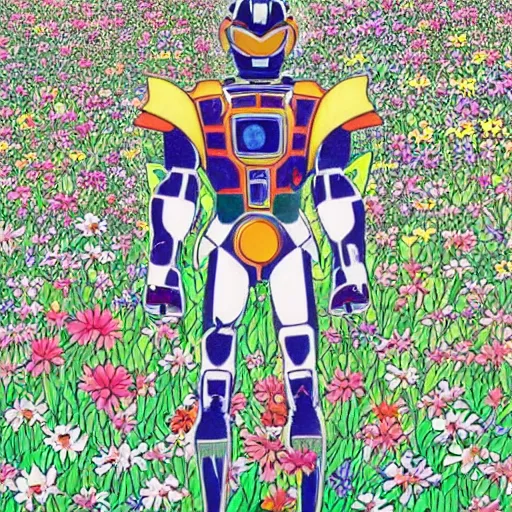 Prompt: a beautiful painting of a macular humanoid mecha power ranger in a field of flowers by hiroshi nagai and hirohiko araki, detailed line art