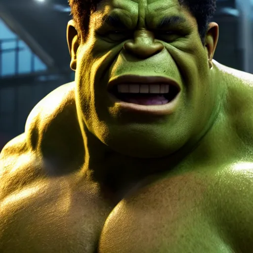 Image similar to Harvey Price as The Hulk, cinematic, photorealistic, movie still, 8k