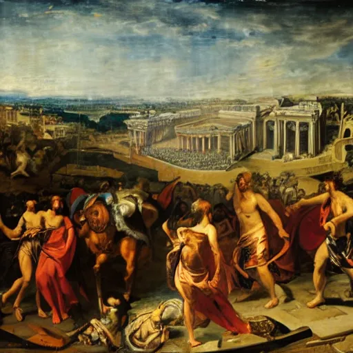 Image similar to the fall of rome, oil in canvas