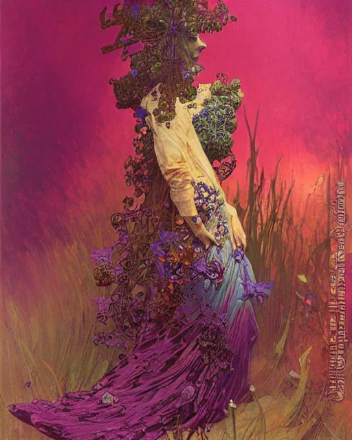 Prompt: purple and pink flowerpunk portrait of a fierce old matriarch by paul lehr, beksinski, alphonse mucha