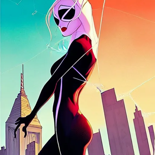 Image similar to Rafeal Albuquerque comic art, Joshua Middleton comic art, cinematics lighting, pretty female Emma Stone as Spider Gwen symmetrical face, Marvel comics, hanging from white web, playful smirk, city in background