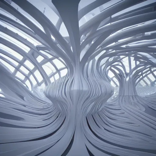 Image similar to fractal geometric pavilion architecture designed by zaha hadid, parametric, flow, generative design, artstation, unreal engine.