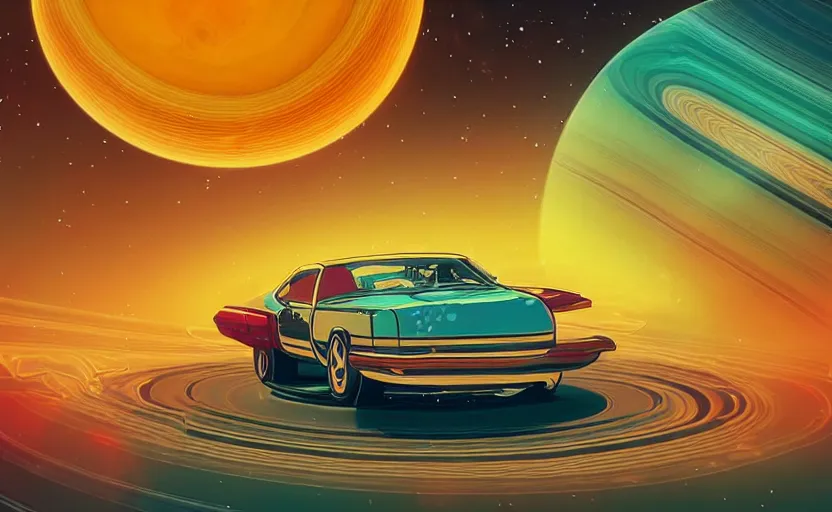 Image similar to a retro photo of a cool car driving on saturn's rings, colorful, vibe, bloom, bloomy