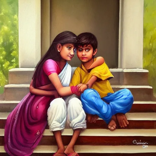 Image similar to beautiful young indian sister and brother, both sitting together holding hands on the steps of their house front entrance. happy raksha bandhan theme. high detailed oil painting by charlie bowater