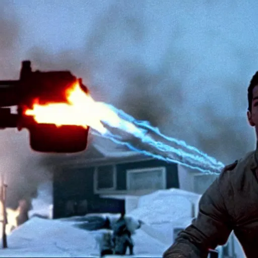 Image similar to movie still of cristiano ronaldo with a flamethrower in the thing (1982), john carpenter, cinematic,