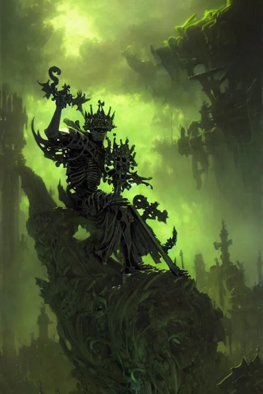 Image similar to osarion the skeleton king, sitting upon his evil green spirit throne, laughing, graveyard, portrait dnd, painting by gaston bussiere, craig mullins, greg rutkowski, yoji shinkawa