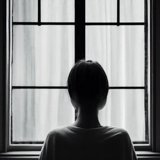 Image similar to a woman sitting on a window sill looking forward out the window, face in hands, grey sweater, a stock photo by chen jiru, tumblr, aestheticism, movie still, pretty, pixiv