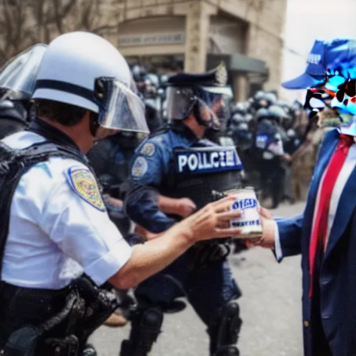 Prompt: donald trump handing a can of pepsi to a police officer during a riot - n 9