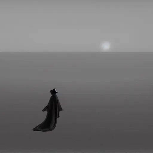 Image similar to A creature 5 meters tall, in a black chiffon layered robe, in a fancy hat and a little girl look into the distance on the seashore,style of Hiroshi Sugimoto::atmospheric illustration