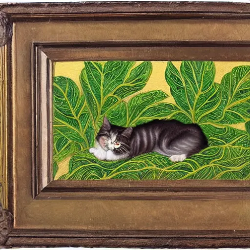 Image similar to a reneissance painting of a maincoon cat among big green leaves, very detailed, in the style of mantegna