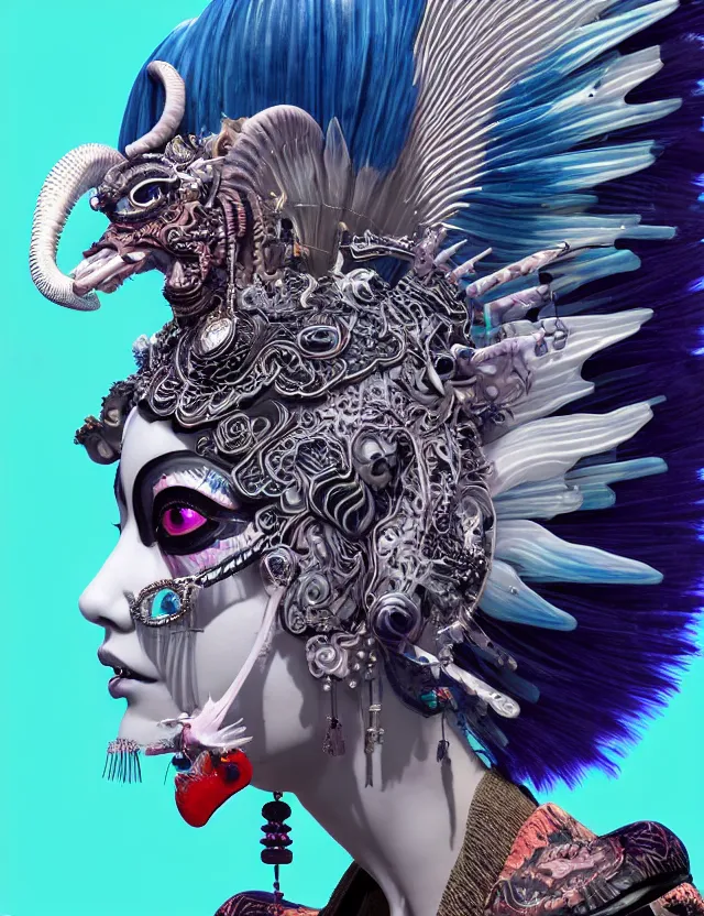 Image similar to 3 d goddess close - up profile portrait punk with mohawk with ram skull. beautiful intricately detailed japanese crow kitsune mask and clasical japanese kimono. betta fish, jellyfish phoenix, bio luminescent, plasma, ice, water, wind, creature, artwork by tooth wu and wlop and beeple and greg rutkowski