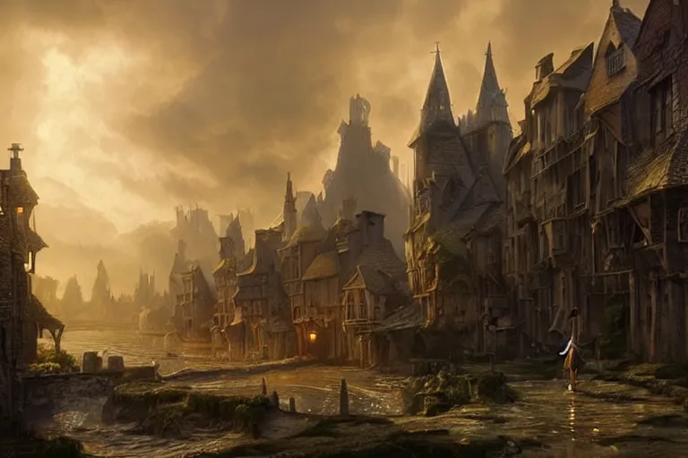 Prompt: Waterdeep seen from afar by a mage girl and a gnome approaching the medieval town. Golden hour with a dark stormy sky and rainbow. Very beautiful matte painting by Greg Rutkowski